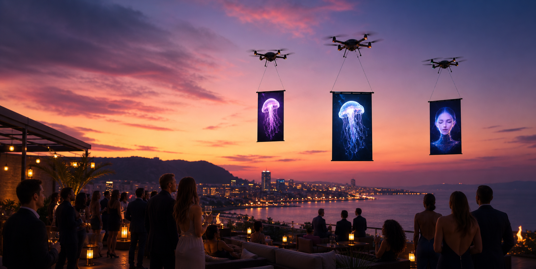 Three drones carrying vertical LED screens at a rooftop event
