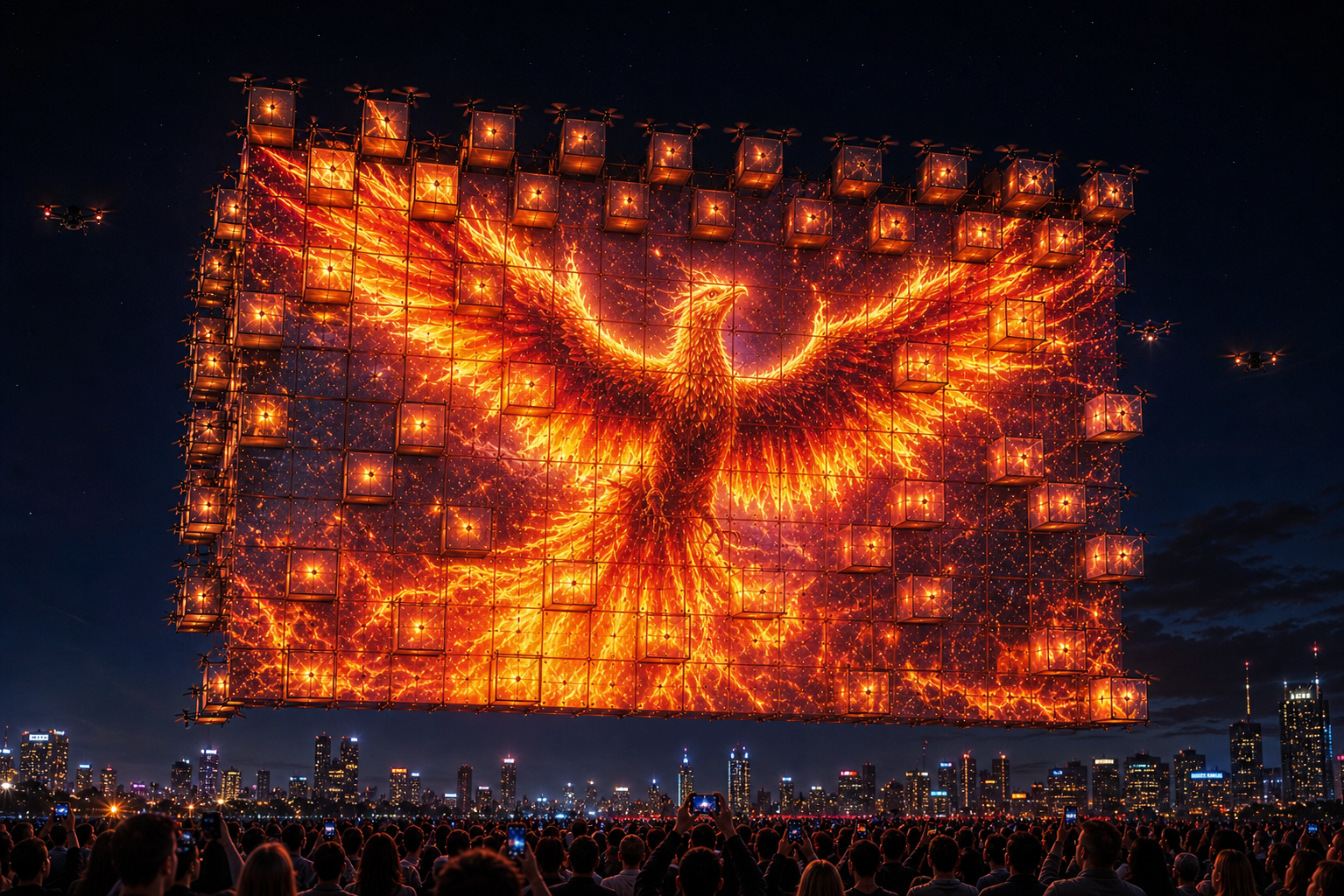 A giant HoverScreen flying cube display showing a high-resolution phoenix above a festival crowd