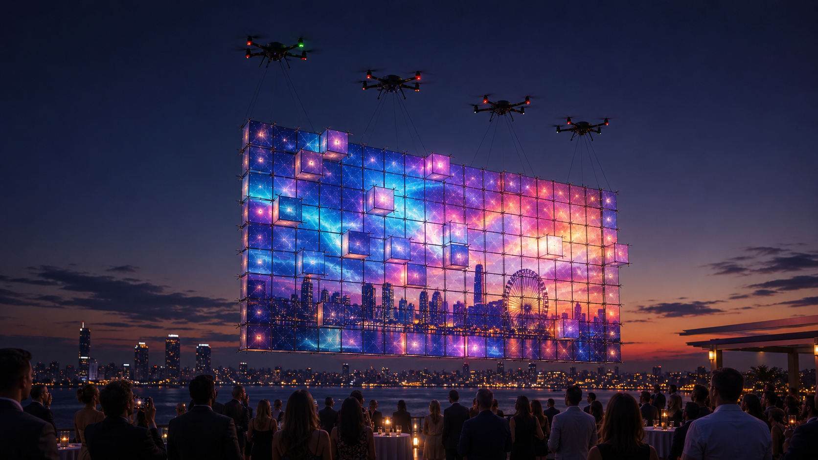 A drone-supported modular HoverScreen display flying over a waterfront event at dusk